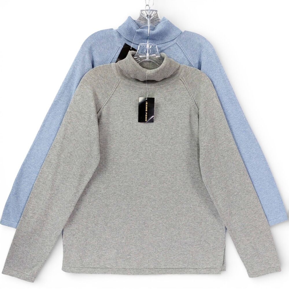 Jeanne Pierre Bundle X2 Turtleneck Sweaters Sz L Blue Gray Soft Knit Raglan Cozy
